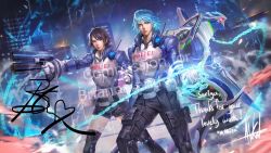 Rule 34 | 1boy, 1girl, akira howard (female), astral chain, blue hair, boots, brother and sister, brown eyes, brown hair, chain, commission, gloves, gun, hair ornament, highres, jacket, knee boots, looking at viewer, police, police uniform, policewoman, sariya asa, short hair, siblings, thick lips, twins, uniform, weapon