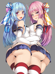 Rule 34 | 2girls, :3, ahoge, ass, asymmetrical docking, black panties, blue hair, blue sailor collar, blue skirt, blunt bangs, blush, breast press, breasts, butt crack, commentary request, cosplay, detached sleeves, gloves, grey background, grimace, hair ornament, hair ribbon, hand on another&#039;s hip, highleg, highleg panties, highres, kantai collection, kotonoha akane, kotonoha aoi, large breasts, long hair, looking at viewer, microskirt, miniskirt, multiple girls, open mouth, panties, pink hair, pleated skirt, purple eyes, ribbon, sailor collar, school uniform, serafuku, shimakaze (kancolle), shimakaze (kancolle) (cosplay), shirt, siblings, sidelocks, simple background, sisters, skirt, small breasts, smile, striped clothes, striped legwear, striped thighhighs, thighhighs, thong, torisan, twins, underwear, voiceroid, white gloves, white shirt