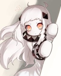 Rule 34 | 1girl, abyssal ship, blush, colored skin, dress, eha7y, highres, horns, kantai collection, long hair, mittens, northern ocean princess, notice lines, one-hour drawing challenge, orange eyes, pale skin, peeking out, sleeveless, sleeveless dress, solo, white dress, white hair, white mittens, white skin