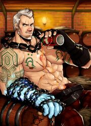 Rule 34 | 1boy, aaron huton (cyphers), abs, arm tattoo, bad id, bad tumblr id, bara, barrel, beard, bulge, can, chain, chain necklace, cryokinesis, cyphers, facial hair, feet out of frame, fingerless gloves, gloves, glowing arm, hand up, highres, holding, holding can, indoors, jewelry, large hands, large pectorals, looking at viewer, male focus, mature male, muscular, muscular male, navel, navel hair, necklace, nipples, pants, pectorals, pouring, pouring onto self, ppyong, red pants, scar, scar across eye, short hair, smirk, solo, stomach, tattoo, topless male