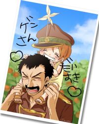 Rule 34 | 1boy, 1girl, aged down, artist name, black hair, carrying, closed eyes, facial hair, genzo (one piece), hand in another&#039;s hair, hat, matsuda (louol), mustache, nami (one piece), one piece, orange hair, photo (object), pinwheel, short hair, shoulder carry, smile