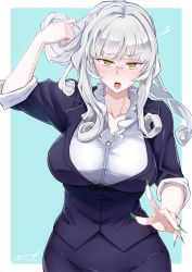 Rule 34 | 1girl, alternate costume, blazer, blue background, blush, carmilla (fate), collar, commentary request, curly hair, dress shirt, fate/grand order, fate (series), fingernails, frilled collar, frills, fue (rhomphair), glasses, green nails, highres, jacket, long fingernails, long hair, looking at viewer, nail polish, office lady, open mouth, pale skin, sharp fingernails, shirt, sidelocks, skirt, sleeves rolled up, white shirt, yellow eyes