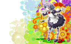 Rule 34 | 1girl, apron, bags under eyes, blush stickers, colorful, cuffs, dress, drugged, drugs, floral background, flower, frills, futaba channel, handcuffs, kumaushi, looking at viewer, maid, maid apron, maid headdress, mary janes, neck ribbon, needle, nijiura maids, pantyhose, pill, psychedelic, purple eyes, purple hair, raised eyebrow, ribbon, shoes, short hair, solo, striped clothes, striped pantyhose, striped thighhighs, syringe, thighhighs, tongue, yakui