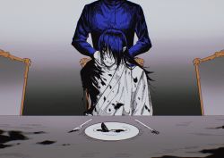 Rule 34 | 2boys, blood, blood on clothes, blood on face, blue hair, blue jacket, chair, closed mouth, dismemberment, fork, getou suguru, gojou satoru, gradient background, grey background, hair between eyes, hands on another&#039;s neck, head out of frame, highres, jacket, japanese clothes, jujutsu kaisen, kimono, knife, kuropani cos, long hair, long sleeves, male focus, multiple boys, plate, smile, spoilers, table, upper body, white kimono