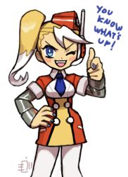 Rule 34 | 1girl, black nails, blonde hair, blue eyes, blush stickers, breasts, call (mighty no. 9), call e, commentary, dress, emlan, fringe trim, garrison cap, hand on own hip, hat, headset, joints, lowres, mighty no. 9, multicolored hair, nail polish, necktie, one eye closed, pantyhose, pointing, pointing at viewer, robot joints, short dress, side ponytail, small breasts, solo, two-tone hair, white background, white hair, wink