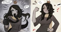 Rule 34 | 1girl, black hair, colored skin, commentary, crown, dress, english text, closed eyes, grey dress, grey skin, hair over one eye, hand on own hip, hand up, heart, highres, leech girl, leech queen (matilda fiship), long hair, long tongue, looking at viewer, matilda fiship, mini crown, monster girl, multiple views, one eye covered, open mouth, original, prehensile tongue, smile, tail, tentacle hair, tongue, very long tongue, white eyes, wide-eyed