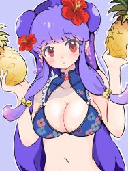 1girl bell breasts cleavage cleavage_cutout clothing_cutout double_bun earrings floral_print flower food fruit hair_bell hair_bun hair_flower hair_ornament highres jewelry long_hair looking_at_viewer midriff navel nibo_ume_katsu pineapple purple_background purple_hair ranma_1/2 red_eyes red_flower shampoo_(ranma_1/2) sidelocks simple_background