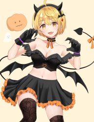 Rule 34 | 1girl, absurdres, bare shoulders, blonde hair, breasts, claw pose, claws, cleavage, cosplay, crop top, demon, demon girl, demon horns, demon tail, demon wings, emyu b, fake claws, fake horns, fang, ghost, hair ornament, hairband, halloween, highres, hololive, horns, medium breasts, midriff, navel, off shoulder, orange ribbon, pumpkin, ribbon, short hair, skin fang, solo, tail, thighhighs, virtual youtuber, wings, yellow eyes, yozora mel