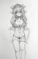 Rule 34 | 1girl, bikini, blush, bra, breasts, cleavage, closed mouth, commentary, english commentary, highres, horns, large breasts, long hair, monochrome, navel, original, pointy ears, renocoffee, solo, standing, sweat, swimsuit, thigh strap, thighhighs, thighs, traditional media, underwear