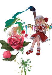 Rule 34 | 1girl, absurdres, back bow, blush stickers, bow, flandre scarlet, flower, frilled skirt, frills, full body, happy, highres, holding, holding brush, large bow, leaf, mary janes, multicolored wings, open mouth, oversized object, paintbrush, pink flower, pink rose, puffy short sleeves, puffy sleeves, red eyes, red footwear, red ribbon, red skirt, red vest, reddizen, ribbon, ribbon-trimmed headwear, ribbon trim, rose, shirt, shoes, short sleeves, simple background, skirt, skirt set, socks, solo, touhou, vest, white background, white bow, white headwear, white shirt, white socks, wings