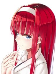Rule 34 | 1girl, blue eyes, blush, closed mouth, hairband, highres, i.f.s.f, japanese clothes, long hair, looking at viewer, melty blood, own hands together, portrait, red hair, sidelocks, simple background, smile, solo, tohno akiha, toono akiha, tsukihime, vermillion akiha, white background, white hairband