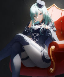 Rule 34 | 1girl, absurdres, black background, blue eyes, blue hair, bsmage, crossed legs, grey background, hair between eyes, highres, hinomori shizuku, light blue hair, long hair, looking at viewer, mole, mole under mouth, project sekai, sitting, solo, thighs