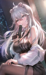 Rule 34 | 1girl, ahoge, animal ears, bare shoulders, black nails, black sports bra, breasts, brown pantyhose, commentary, crop top, grey eyes, gun, hair between eyes, hand on own thigh, hand up, handgun, himonoata, holding, holding gun, holding weapon, hololive, large breasts, lion ears, lion girl, long hair, long sleeves, looking at viewer, nail polish, off shoulder, official alternate costume, open clothes, open shirt, pantyhose, parted lips, pistol, shirt, shishiro botan, shishiro botan (button-down), silver hair, sitting, solo, sports bra, thigh strap, virtual youtuber, weapon, white shirt, window