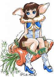 Rule 34 | 1girl, animal ears, animal hands, blue eyes, breasts, brown hair, carrot, chrono cross, cleavage, fur, gloves, janice, jewelry, monster girl, s-a-murai, short hair, smile, solo, tail