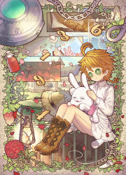 Rule 34 | 1girl, ahoge, bare legs, bars, basket, bird, black ribbon, blush, boots, bottle, bow, bowtie, bread, brown background, brown footwear, building, button eyes, buttons, chain, closed eyes, closed mouth, commentary request, crayon drawing, croissant, emma (yakusoku no neverland), english text, fire, flower, food, full body, green eyes, hat, hat ribbon, highres, holding, holding stuffed toy, identity v, jewelry, kamui natsuki, knife, lantern, light smile, long sleeves, looking down, neck tattoo, necklace, number tattoo, open mouth, orange hair, outdoors, owl, petals, pink bow, pink bowtie, pink shirt, plant, prison, prison cell, red flower, ribbon, shirt, short hair, skirt, smile, solo, spray bottle, stitches, string phone, stuffed animal, stuffed rabbit, stuffed toy, sun hat, table, tattoo, toolbox, vines, white shirt, white skirt, yakusoku no neverland, yarn