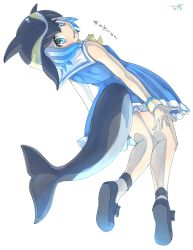Rule 34 | 10s, 1girl, aqua eyes, aqua hair, bare shoulders, blonde hair, blowhole, blue hair, bow, bowtie, cetacean tail, check translation, commentary request, common dolphin (kemono friends), dress, eyelashes, fins, fish tail, from behind, full body, highres, kemono friends, multicolored hair, sailor collar, sailor dress, short hair, simple background, sleeveless, sleeveless dress, solo, tail, thin (suzuneya), translation request, white background, wristband