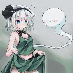 Rule 34 | . ., 1girl, :3, :o, adapted costume, bare arms, bare shoulders, black bow, black choker, black hairband, black ribbon, blue eyes, blush, bow, breasts, camisole, choker, cleavage, closed mouth, commentary request, cowboy shot, green camisole, green skirt, hair between eyes, hair ribbon, hairband, highres, konpaku youmu, konpaku youmu (ghost), parted lips, ribbon, ryogo, short hair, silver hair, skirt, skirt hold, small breasts, touhou, white bow
