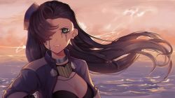 Rule 34 | 1girl, arizona (azur lane), azur lane, backlighting, bad id, bad pixiv id, black hair, black tears, blue eyes, blue jacket, breasts, cleavage, clenched teeth, collar, commentary, crying, english commentary, evening, hat, jacket, long hair, looking at viewer, metal collar, ocean, oil, outdoors, runny makeup, solo, sunset, tears, teeth, water, zawijawa
