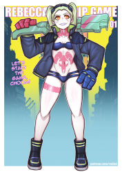 Rule 34 | 1girl, bikini, black bikini, black jacket, breasts, colored sclera, colored skin, cyberpunk (series), cyberpunk edgerunners, cyborg, english text, green hair, gun, hand on own hip, high collar, jacket, leg tattoo, mechanical hands, navel, neck tattoo, open clothes, open jacket, oversized forearms, oversized limbs, pink tattoo, rebecca (cyberpunk), red eyes, red sclera, redjet, small breasts, smile, solo, stomach tattoo, swimsuit, tattoo, twintails, weapon, white skin