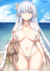 Rule 34 | 1girl, alternate costume, anastasia (fate), aqua eyes, blue cloak, breasts, cameltoe, cloak, covered erect nipples, cowboy shot, doll, fate/grand order, fate (series), hair over one eye, highres, holding, holding doll, large breasts, long hair, navel, one-piece swimsuit, royal robe, silver hair, slingshot swimsuit, solo, swimsuit, thighhighs, vereshhagin, very long hair, viy (fate), white one-piece swimsuit, white thighhighs