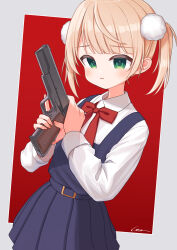 Rule 34 | 1girl, absurdres, belt, blonde hair, blue belt, blue dress, blue skirt, blunt bangs, bow, bowtie, collared shirt, cowlick, dress, green eyes, grey background, gun, hair ornament, handgun, highres, holding, holding gun, holding weapon, indie virtual youtuber, parted lips, pinafore dress, pink nails, pleated skirt, pom pom (clothes), pom pom hair ornament, red background, red bow, red bowtie, school uniform, serious, shigure ui (vtuber), shigure ui (vtuber) (young), shirt, signature, simana, skirt, sleeveless, sleeveless dress, solo, suspenders, twintails, two-tone background, virtual youtuber, weapon, white shirt