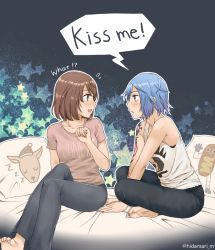 Rule 34 | !, !?, 2girls, :d, :o, arm support, assertive female, bare shoulders, barefoot, bed, blue eyes, blue hair, blush, brown hair, chloe price, commentary request, denim, embarrassed, english text, eye contact, female focus, green eyes, hand up, indian style, jeans, life is strange, looking at another, max caulfield, multiple girls, nail polish, open mouth, pants, pillow, sayuka, shirt, short hair, shy, sitting, smile, square enix, star (symbol), surprised, talking, tank top, tattoo, white shirt, yuri