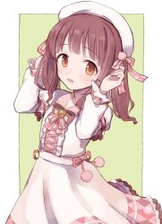 Rule 34 | 1girl, argyle, beret, blush, bow, bowtie, brooch, brown eyes, brown hair, commentary, cowboy shot, dress, frilled dress, frills, hair ribbon, hat, idolmaster, idolmaster cinderella girls, idolmaster cinderella girls starlight stage, jewelry, layered sleeves, long hair, long sleeves, looking at viewer, ogata chieri, open mouth, pom pom (clothes), ribbon, short over long sleeves, short sleeves, simple background, solo, soto, twintails