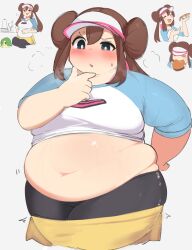Rule 34 | ..., 1girl, absurdres, alternate body size, blue eyes, blush, breasts, brown hair, burger, cowboy shot, creatures (company), cropped legs, double bun, eating, fat, food, game freak, gen 5 pokemon, grey pantyhose, hair between eyes, hair bun, half-closed eye, highres, long hair, looking at viewer, medium breasts, muffin top, navel, nimo (b45ui), nintendo, open mouth, pantyhose, parted lips, pink headwear, pokemon, pokemon bw2, puff of air, rosa (pokemon), simple background, snivy, sweatdrop, teeth, thick arms, thick thighs, thighs, twintails, upper body, upper teeth only, visor cap, white headwear