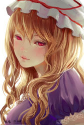 Rule 34 | 1girl, absurdres, artist name, blonde hair, curly hair, dated, eyelashes, hat, hat ribbon, highres, kamachi kamachi-ko, lace-trimmed sleeves, lace trim, lips, long hair, looking at viewer, looking to the side, makeup, mob cap, portrait, puckered lips, puffy short sleeves, puffy sleeves, pursed lips, realistic, red eyes, ribbon, short sleeves, signature, simple background, solo, touhou, white background, yakumo yukari