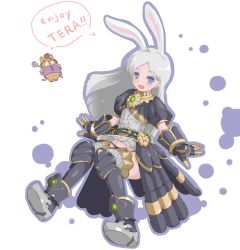 Rule 34 | 1girl, animal ears, armor, armored boots, black armor, black panties, blue eyes, blush, boots, commentary request, dress, elin, faulds, full body, gauntlets, grey dress, grey hair, lancer (tera online), long hair, looking at viewer, open mouth, panties, rabbit ears, shimotsuki nozomi, short dress, smile, solo, swept bangs, tera online, underwear
