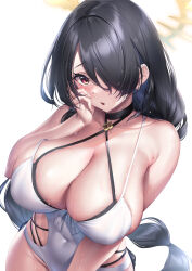 Rule 34 | 1girl, bare arms, bare shoulders, black hair, blue archive, breasts, cleavage, collarbone, covered navel, from above, hair over one eye, halo, halterneck, highres, hinata (blue archive), hinata (swimsuit) (blue archive), ken ill, large breasts, long hair, looking at viewer, one-piece swimsuit, one eye covered, open mouth, red eyes, solo, swimsuit, wet, white background, white one-piece swimsuit