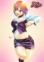 Rule 34 | 1girl, :d, bow, bowtie, breasts, cleavage, croupier, highres, koutaro, large breasts, midriff, miniskirt, navel, non-web source, open mouth, pencil skirt, pink hair, rio rollins, short hair, skirt, smile, solo, super blackjack
