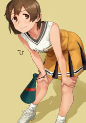 Rule 34 | 1girl, alternate costume, bad id, bad pixiv id, bent over, breasts, brown eyes, brown hair, character name, cheerleader, clothes writing, hands on own knees, hiryuu (kancolle), kantai collection, looking at viewer, medium breasts, megaphone, pleated skirt, shirt, short hair, skirt, sleeveless, sleeveless shirt, smile, socks, solo, white socks, yellow background