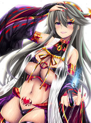 Rule 34 | 1girl, alternate eye color, bare shoulders, breasts, collar, corruption, dark persona, detached sleeves, fire, fire, grey hair, grin, hair ornament, hairband, hairclip, halterneck, haruna (kancolle), highres, jewelry, kantai collection, large breasts, looking at viewer, militia minpei, nail polish, navel, pubic tattoo, red eyes, ring, smile, solo, tattoo, wedding band, wide sleeves