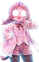 Rule 34 | 1girl, :d, absurdres, ahoge, bachera, blush, braid, breasts, brown pantyhose, collared shirt, commentary request, cowboy shot, dress shirt, fang, glasses, hand on own hip, hand up, heart, highres, lab coat, pantyhose under shorts, long hair, long sleeves, looking at viewer, low twintails, neck ribbon, opaque glasses, open clothes, open mouth, original, pantyhose, ribbon, round eyewear, shirt, short shorts, shorts, simple background, small breasts, smile, solo, standing, tail, twin braids, twintails, v-shaped eyebrows, white background