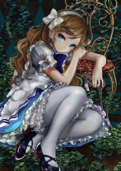 Rule 34 | 1girl, alice (alice in wonderland), alice in wonderland, apron, arm support, black footwear, bloomers, blue eyes, bow, braid, chair, dress, flask, hair ribbon, hairband, highres, juliet sleeves, long hair, long sleeves, mary janes, md5 mismatch, pantyhose, pisuke, plant, puffy sleeves, ribbon, shoes, solo, thighhighs, underwear, vines, white bow, white thighhighs