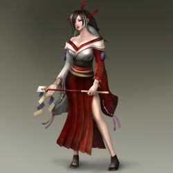 Rule 34 | 1girl, 3d, bare shoulders, breasts, cleavage, dress, female focus, full body, gradient background, highres, japanese clothes, large breasts, legs, long hair, shikimi (toukiden), shoes, solo, standing, toukiden