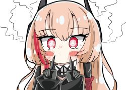 Rule 34 | 1girl, @ @, blush, blush stickers, girls&#039; frontline, headgear, index fingers raised, light brown hair, long hair, long sleeves, m4 sopmod ii (girls&#039; frontline), multicolored hair, red eyes, red hair, scarf, senlong45, simple background, solo, streaked hair, white background