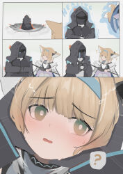 Rule 34 | 1girl, 1other, :o, ?, ^ ^, absurdres, animal ears, arknights, bare shoulders, black gloves, black jacket, black pants, blonde hair, blue hairband, blush, closed eyes, closed mouth, commentary, crying, doctor (arknights), english commentary, fire, fox ears, fox girl, fox tail, gloves, green eyes, hairband, highres, hood, hood up, hooded jacket, hugging own legs, jacket, kitsune, knees up, long sleeves, pants, pantyhose, parted lips, purple skirt, shirt, single glove, skirt, smile, snoot challenge, spoken question mark, streaming tears, suzuran (arknights), tail, tears, wavy hair, wawamachi (wawamachis), white pantyhose, white shirt