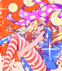 Rule 34 | 1girl, absurdres, american flag dress, american flag legwear, blonde hair, closed mouth, clownpiece, dress, fairy, hair over one eye, hat, highres, ichizen (o tori), jester cap, long hair, looking at viewer, one-hour drawing challenge, pantyhose, pink eyes, pink hat, polka dot, polka dot headwear, short sleeves, smile, solo, sparkle, star (symbol), star print, striped clothes, striped dress, striped pantyhose, touhou