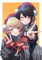 Rule 34 | 2girls, absurdres, beret, black hair, blonde hair, closed eyes, facing viewer, green eyes, grey jacket, grey skirt, grin, hair ornament, hat, highres, hololive, indie virtual youtuber, jacket, long sleeves, looking at viewer, mikan (chipstar182), multiple girls, oozora subaru, pleated skirt, pom pom (clothes), pom pom hair ornament, red headwear, shigure ui (vtuber), shigure ui (vtuber) (1st costume), skirt, sleeves past wrists, smile, striped clothes, striped jacket, striped skirt, upper body, vertical-striped clothes, vertical-striped jacket, vertical-striped skirt, virtual youtuber