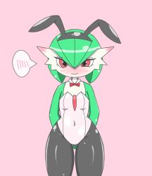 Rule 34 | 1girl, animal ears, arms behind back, bare shoulders, black hairband, black pantyhose, bob cut, bow, bowtie, closed mouth, colored skin, covered navel, cowboy shot, creatures (company), detached collar, embarrassed, fake animal ears, female focus, flat chest, game freak, gardevoir, gen 3 pokemon, gluteal fold, green hair, green skin, hair between eyes, hairband, half-closed eyes, heart, leotard, looking at viewer, multicolored skin, nervous smile, nintendo, own hands together, pantyhose, pink background, playboy bunny, pokemon, pokemon (creature), rabbit ears, red bow, red bowtie, red eyes, sasada (ssd ng), shiny clothes, short hair, shy, simple background, smile, solo, speech bubble, spoken heart, standing, straight-on, strapless, strapless leotard, thick thighs, thighs, two-tone skin, uneven eyes, wavy mouth, white leotard, white skin