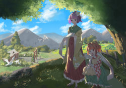 Rule 34 | 2girls, :d, :|, absurdres, al guang, apron, bell, bird, blunt bangs, blush, character name, checkered clothes, checkered kimono, closed mouth, clothes writing, cloud, commentary, day, field, flower, full body, geta, grass, green hakama, green kimono, hair bell, hair flower, hair ornament, hair ribbon, hakama, hand on own cheek, hand on own face, hand up, hands up, hieda no akyuu, highres, holding, holding scroll, japanese clothes, kimono, kneeling, leaf, long sleeves, looking at viewer, motoori kosuzu, mountain, mountainous horizon, multiple girls, open mouth, orange eyes, orange hair, purple eyes, purple hair, red hakama, red ribbon, ribbon, rock, scenery, scroll, short hair, shrine, sky, smile, socks, standing, stone lantern, teeth, tongue, torii, touhou, tree, twintails, upper teeth only, water, white bird, white flower, white legwear, wide sleeves, yellow apron, yellow sleeves
