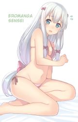 Rule 34 | 10s, 1girl, :o, arm at side, bare arms, bare legs, bare shoulders, barefoot, bed sheet, bikini, blue eyes, blush, bow, breasts, cleavage, commentary request, copyright name, embarrassed, english text, eromanga sensei, flying sweatdrops, gradient hair, hair bow, hard-translated, izumi sagiri, kame^^, long hair, looking at viewer, low-tied long hair, multicolored hair, navel, nose blush, open mouth, panties, pink bikini, pink bow, pink hair, pink ribbon, raised eyebrows, ribbon, side-tie bikini bottom, sidelocks, simple background, sitting, small breasts, solo, stomach, swimsuit, tareme, thighs, third-party edit, translated, underwear, very long hair, white background, white hair, yokozuwari