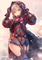 Rule 34 | 1girl, artoria pendragon (fate), boots, commentary request, cowboy shot, fate/grand order, fate (series), garter straps, gauntlets, glint, gloves, grey hair, hands up, highres, hood, hood up, hoshizaki reita, looking at viewer, mysterious heroine x alter (fate), mysterious heroine x alter (third ascension) (fate), orange eyes, parted lips, pixiv fate/grand order contest 2, solo, standing, thigh boots, thighhighs, walking