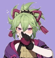 Rule 34 | 1girl, blush, covering own mouth, face, fingerless gloves, genshin impact, gloves, green hair, hair ornament, highres, hood, jacket, kuki shinobu, looking at viewer, loverchigen, nail polish, obscured, ponytail, purple eyes, purple jacket, solo