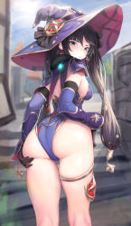 Rule 34 | 1girl, absurdres, ass, back, black hair, blush, breasts, genshin impact, green eyes, has bad revision, has downscaled revision, hat, highleg, highleg leotard, highres, leotard, long hair, looking at viewer, looking back, md5 mismatch, mochirong, mona (genshin impact), purple hat, purple leotard, resolution mismatch, source smaller, thighs, twintails