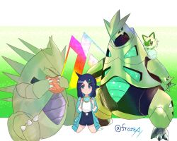 Rule 34 | 1girl, 2others, android, animal ears, artist request, cat ears, claws, colored sclera, creatures (company), eating, game freak, gen 2 pokemon, gen 9 pokemon, hair ornament, hairclip, high-waist shorts, highres, horns, iron thorns, liko (pokemon), looking at another, multiple others, nintendo, pokemon, pokemon (anime), pokemon (creature), pokemon horizons, red sclera, shorts, simple background, smile, spikes, sprigatito, standing, twitter username, tyranitar