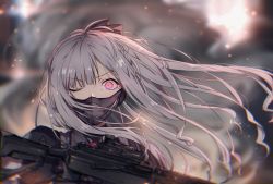 Rule 34 | 1girl, ak-12, ak-12 (girls&#039; frontline), assault rifle, black gloves, black ribbon, blurry, blurry background, braid, breasts, cloak, explosion, floating hair, french braid, gas mask, girls&#039; frontline, gloves, glowing, glowing eye, gun, highres, holding, holding gun, holding weapon, jacket, kalashnikov rifle, light particles, long hair, long sleeves, looking at viewer, mask, medium breasts, one eye closed, outdoors, pollity, purple eyes, ribbon, rifle, sidelocks, silver hair, smoke, solo, tactical clothes, very long hair, weapon, wind, wind lift