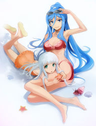 Rule 34 | 10s, 2girls, aoki hagane no arpeggio, barefoot, bikini, blue eyes, blue hair, breasts, casual one-piece swimsuit, cleavage, eyewear on head, frilled swimsuit, frills, gradient background, green eyes, hair between eyes, hermit crab, iona (aoki hagane no arpeggio), long hair, long legs, looking at viewer, lying, miyo (13th floor), multiple girls, on stomach, one-piece swimsuit, open mouth, orange one-piece swimsuit, ponytail, red bikini, sandals, seashell, shell, sitting, smile, starfish, sunglasses, swimsuit, takao (aoki hagane no arpeggio), very long hair, white hair